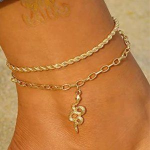 2PC 18K GOLD SNAKE PENDANT CHAIN ANKLET SET